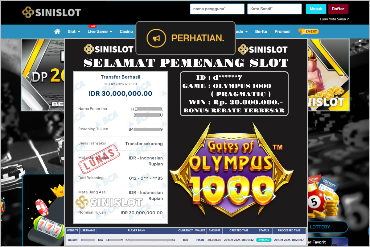 SINISLOT – GATE OF OLYMPUS 1000  ( PRAGMATIC)